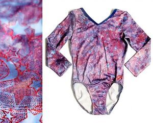 GK Essentials AS Star Spangled Foil Leotard 3/4 Sleeve VTG Blue Red, Adult Small